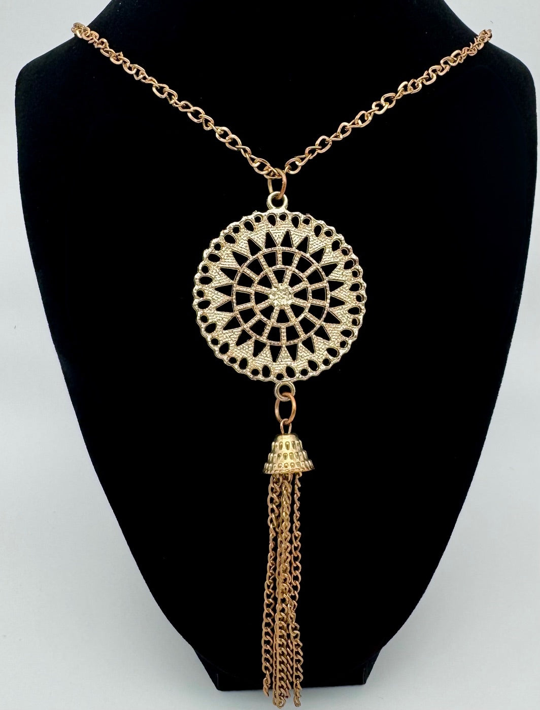 21" gold tone geometric pendant