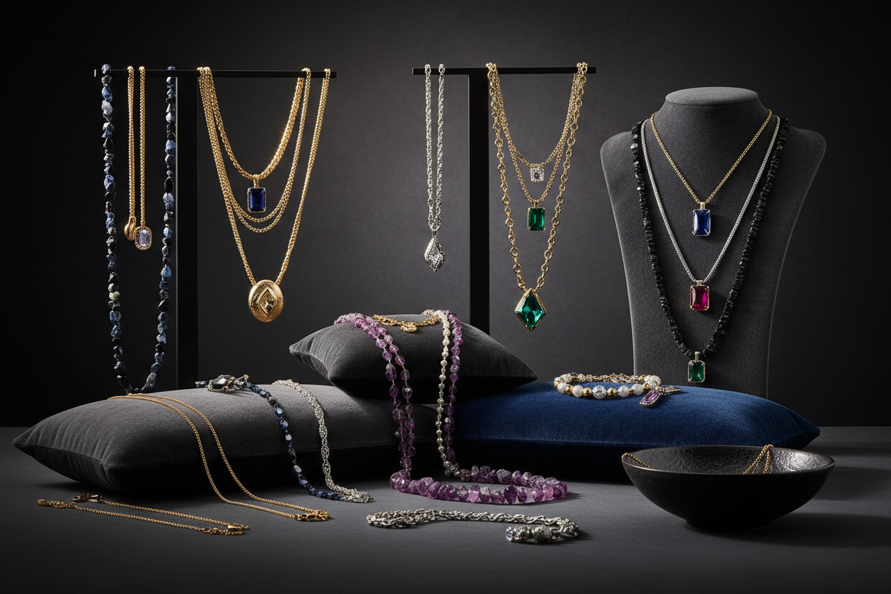 elegant jewelry with variety of necklaces from gold silver stone and gems darker tones for background